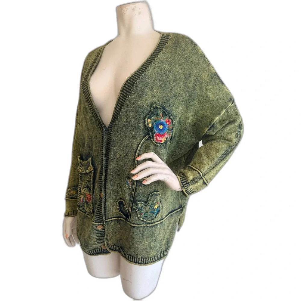 3&D Cardigan Sweater Embroidered Floral Boho Knit Oversized One Size